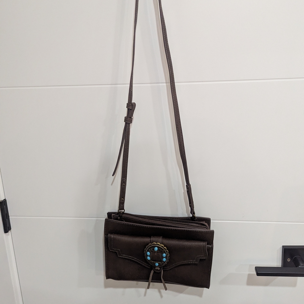 Justin Western Leather Crossbody Bag – Turquoise Concho – Like New